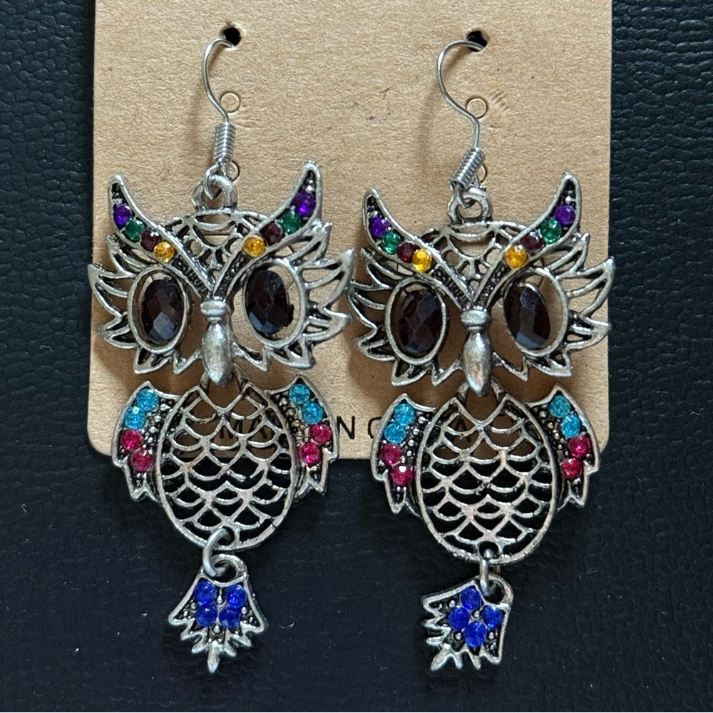 Dangle Owl Earrings with Multicolor Accents